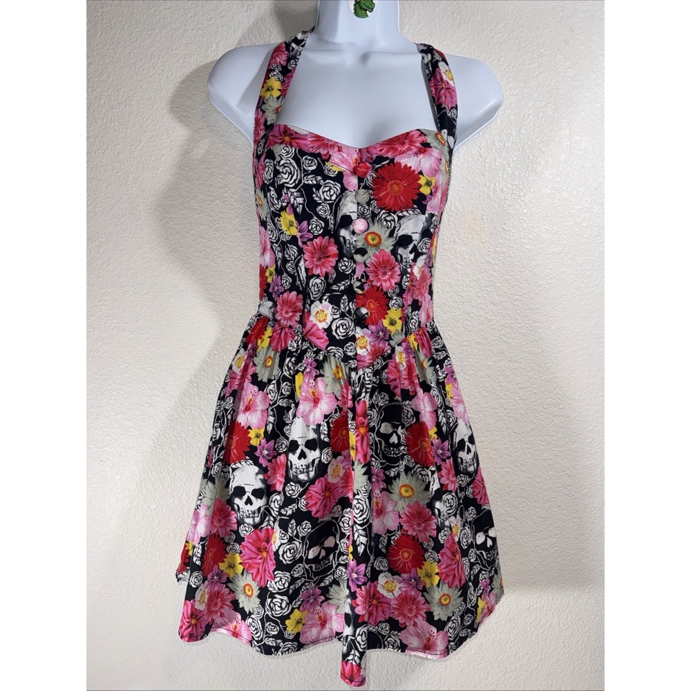Hell Bunny Skulls Roses Gothic Halter Dress Medium Whimsigoth Pinup Halloween
